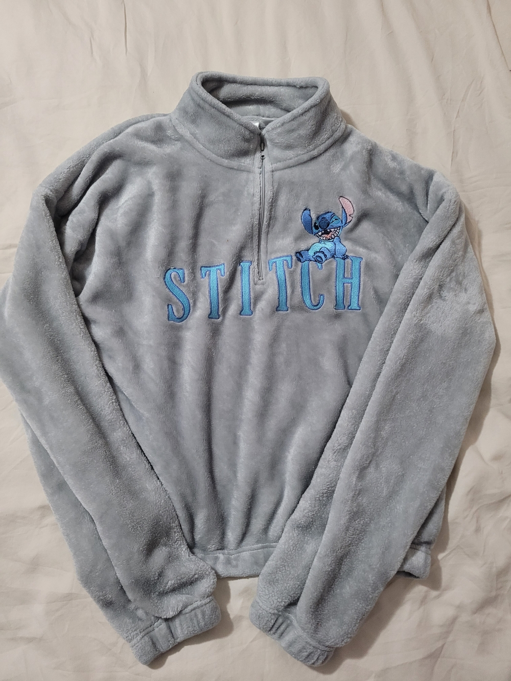Disney Stitch Plush Quarter-Zip Pullover - Gray with Purple Logo